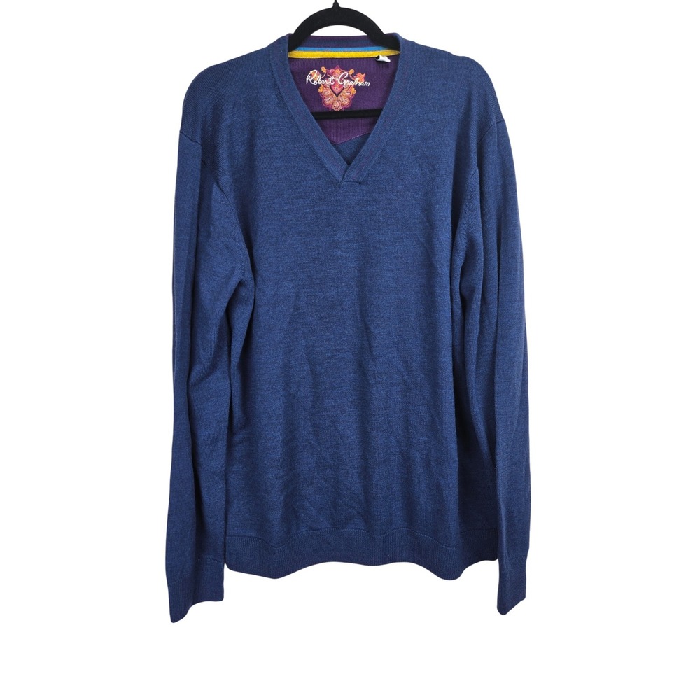 Robert Graham Wool Mens V-Neck Sweater XL Blue‎ Purple Preppy Academia Office